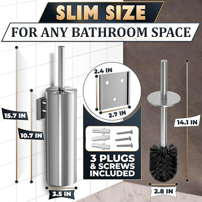 Silver Modern Toilet Brush and Holder Set with Wall Mount - Stainless Steel Toilet Brush with Holder - Removable Inner Bowl, Shiny Design, Splash Protection & Dense Bristles for Bathroom Cleaning