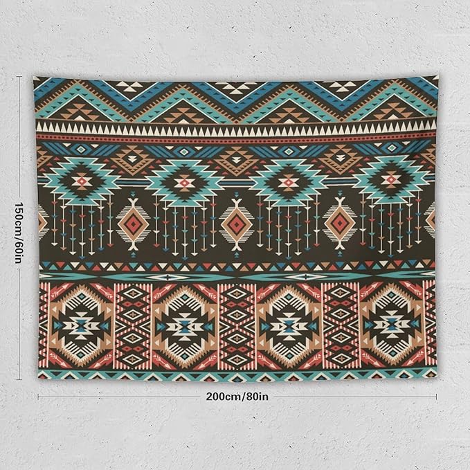 HZOHNAGO Aztec Tapestry Turquoise Blue and Brown and Native American Tribal Pattern Printed Wall Tapestry Wall Hanging for Bedroom Living Room Dorm 80" W x 60" H
