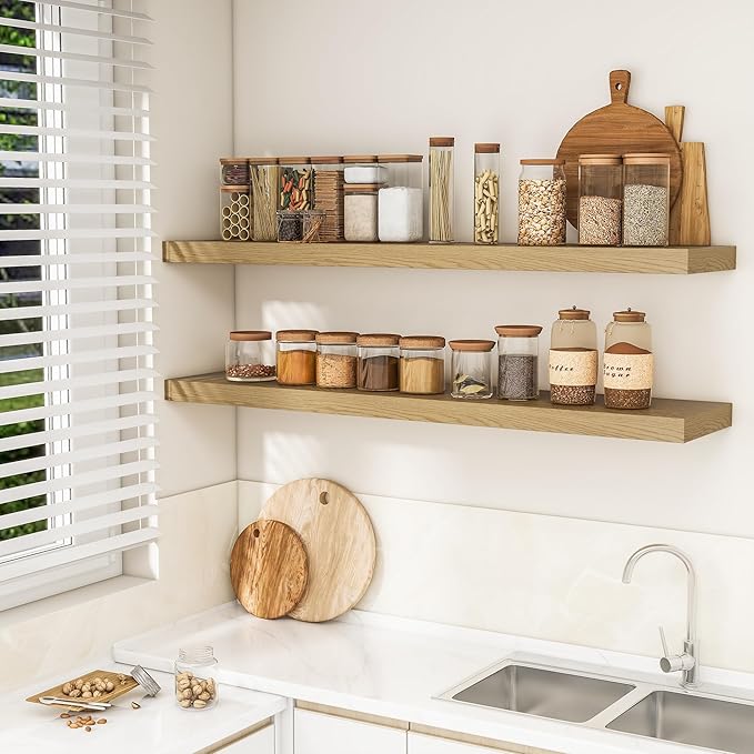 RICHFOCUS 55Inch Floating Shelves for Wall 1 Pack Shelves for Bedroom|Kitchen|Bathroom Wall Mounted Rustic Wood Floating Shelf with Invisible Brackets for Books|Storage|Decor, Oak