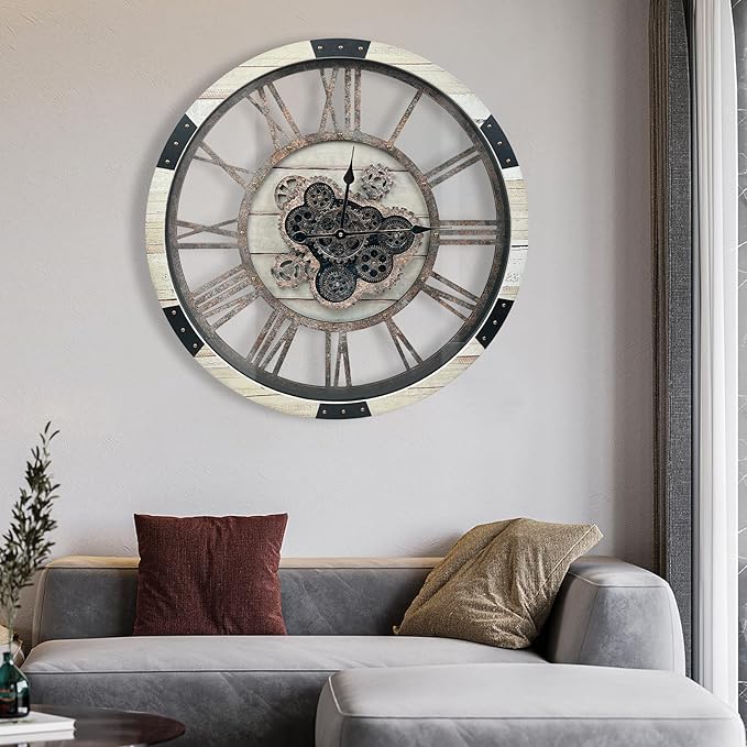 DORBOKER 30" Large Wall Clock Moving Gears,Oversized Industrial Rustic Farmhouse Clocks for Living Room Decor Office Home, Solid Wood Retro Metal HD Tempered Glass Cover,Desert Beige