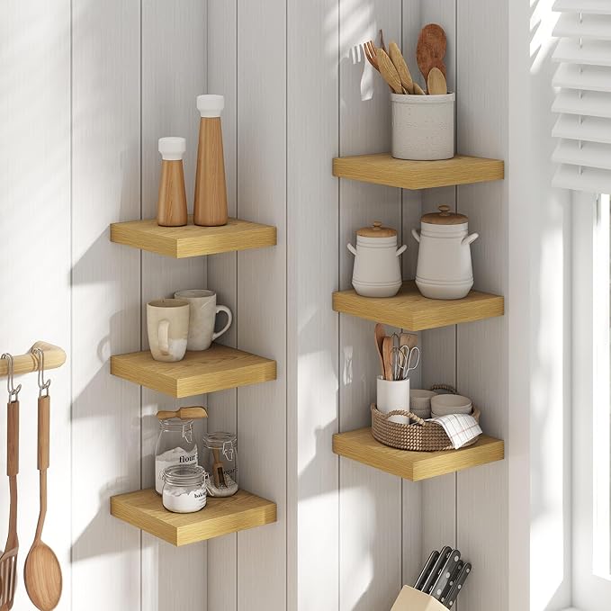 8 Inch Square Floating Shelves for Wall 3 Pack, 8"D Wood Grain Bathroom Shelves with Invisible Brackets, Easy Install Engineered Wood Storage Shelves for Kitchen, Living Room, Bedroom, Oak Finish