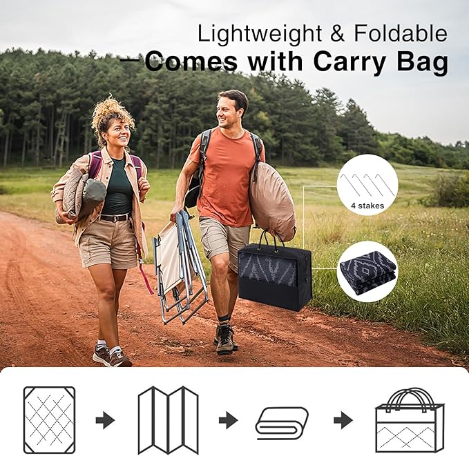 OLANLY Outdoor Rug 8x10 ft Waterproof, Outdoor Plastic Straw Rug with Geometric Pattern Clearance, Reversible RV Mat for Patio, Camping, Balcony, Deck, Backyard, Black & Grey