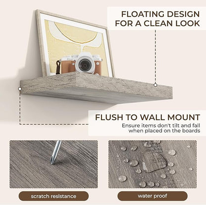 RICHFOCUS 16Inch Floating Shelves for Wall 2 Pack Shelves for Bedroom|Kitchen|Bathroom Wall Mounted Rustic Wood Floating Shelf with Invisible Brackets for Books|Storage|Decor, Grey