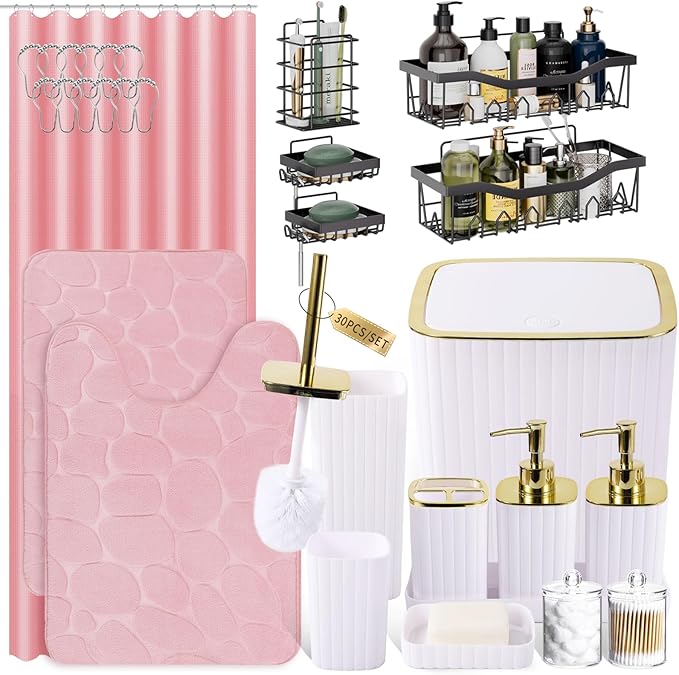 Bathroom Accessories Set - 30PC Gorgeous White Bathroom Set, Bathroom Accessory Set, Pink Shower Curtain Set with Shower Caddies, Soap Dish & Trash Can