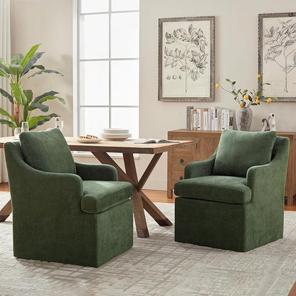 VKNOW Upholstered Dining Chairs Set of 2, Modern Kitchen Chair Dinner Chairs with 4 Casters, Linen Armchair for Bedroom Reading Room, Green