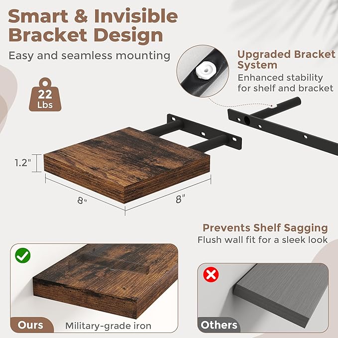 8 Inch Square Floating Shelves for Wall 3 Pack, 8"D Wood Grain Bathroom Shelves with Invisible Brackets, Easy Install Engineered Wood Storage Shelves for Kitchen, Living Room, Rustic Brown Finish