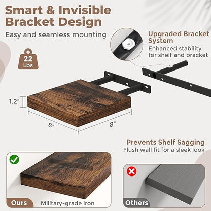 8 Inch Square Floating Shelves for Wall 3 Pack, 8"D Wood Grain Bathroom Shelves with Invisible Brackets, Easy Install Engineered Wood Storage Shelves for Kitchen, Living Room, Rustic Brown Finish