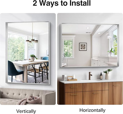 Silver Bathroom Mirror, 36x48 Inch Rectangular Deep Frame Mirror, Large Wall Mounted Bathroom Vanity Mirror Over Sink for Bedroom,Restroom, Living Room, Hangs Vertically or Horizontally