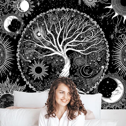 AACKart Tree of Life Tapestry for Bedroom Aesthetic Room Decor-Black and White Spiritual Tree Tapestry Wall Hanging with Sun Moon Star 59.1 x 51.2 inches