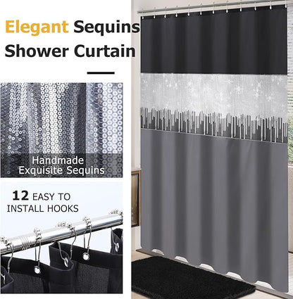 Bathroom Sets with Shower Curtain and Rugs,24PCS Black Bathroom Set Shower Curtain Set with Bathroom Trash Can Bathroom Accessories