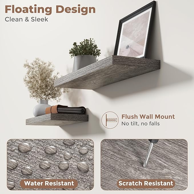 36 Inch Floating Shelves for Wall Set of 2, 8"D Wood Grain Bathroom Shelves with Invisible Brackets, Easy Install Engineered Wood Storage Shelves for Kitchen, Living Room, Bedroom, Grey Oak Finish