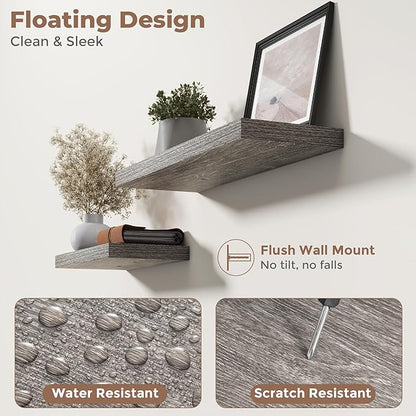 36 Inch Floating Shelves for Wall Set of 2, 8"D Wood Grain Bathroom Shelves with Invisible Brackets, Easy Install Engineered Wood Storage Shelves for Kitchen, Living Room, Bedroom, Grey Oak Finish