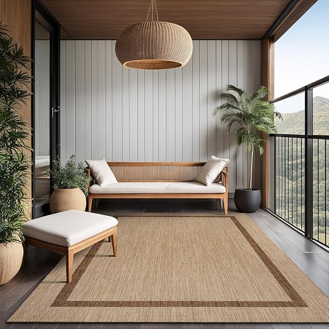 Bordered Outdoor Rug 10x14 Washable Outside Carpet for Indoor Patio Porch Waterproof Easy Cleaning Non Shedding Area Rugs Jute Beige - Nut Brown 10 x 14