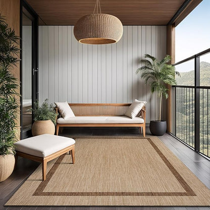 Bordered Outdoor Rug 9x12 Washable Outside Carpet for Indoor Patio Porch Waterproof Easy Cleaning Non Shedding Area Rugs Jute Beige - Nut Brown 9 x 12