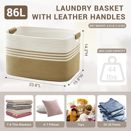 86L Extra Large Laundry Basket with Leather Handles for Living Room Storage, Woven Rope Baskets for Blanket, Kids Toy, Gifts, Wicker Hamper for Bedroom Dirty Clothes, 24"x16"x14" Khaki