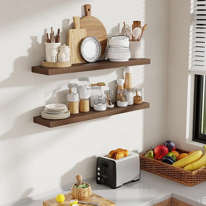 36 Inch Floating Shelves, 8 Inch Deep Floating Shelves for Wall, Hanging Shelf with Invisible Brackets, Deep Shelves for Bathroom, Bedroom, Living Room, Walnut, Set of 2