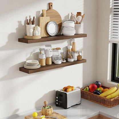 36 Inch Floating Shelves, 8 Inch Deep Floating Shelves for Wall, Hanging Shelf with Invisible Brackets, Deep Shelves for Bathroom, Bedroom, Living Room, Walnut, Set of 2