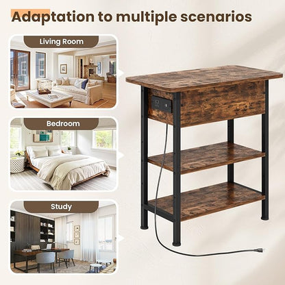 End Table with Charging Station, Flip Top Side Table with USB Ports and Outlets, 3-Tier Small Side Table with Storage for Small Space, End Tables for Living Room/Bedroom, Brown