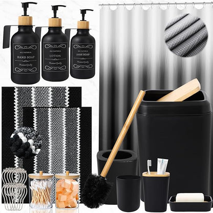 34PCS Black Bathroom Accessories Sets Complete, with Shower Curtain, Rugs, Trash Can and Toilet Brush, 3PCS 17oz Soap Dispenser Wall Mounted, Toothbrush Holder and Cup, Soap Dish, Qtip Holder