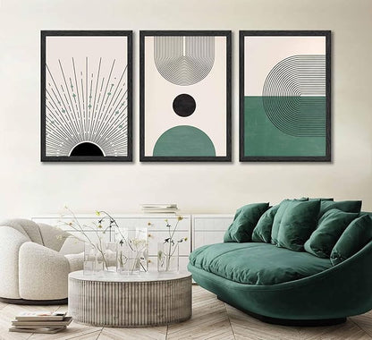 3 Pcs Sage Green Boho Canvas Wall Art Modern Abstract Minimalist Neutral Bohemian Sun Geometric Line Painting Picture Wall Decor Poster Print Artwork for Living Room Bedroom Home Decoration Unframed