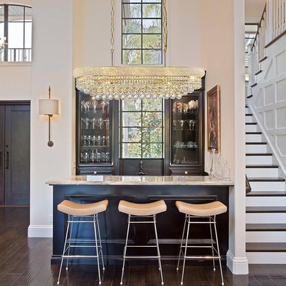 Rectangular Crystal Chandeliers for Dining Room,10 Lights Adjustable Height Oval Crystal Ceiling Light Fixture for Kitchen Island, Gold Finish, L36''