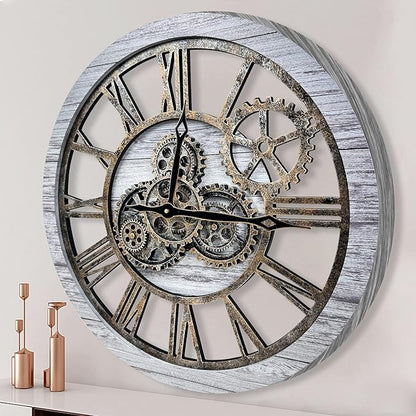 The B-Style Large Wall Clock 24 inch Moving Gear Wall Clock Oversized Vintage Farmhouse Wall Clocks for Living Room Decor Rustic Industrial Wood Clock (Silver Gray and Bronze)