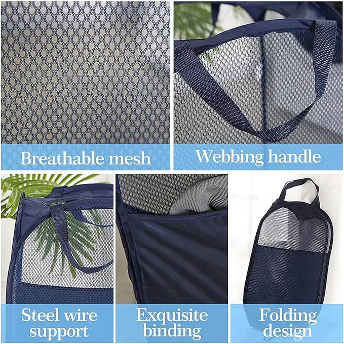 AQQA 9 Pcs Mesh Popup Laundry Hamper Set, Black/White/Blue, Durable Handles, Foldable, Sturdy Mesh Construction, Ideal for Kids, Teens, Adults, College Dorm, Camping, Hotel, Travel