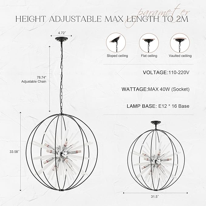 31.5" Black Chrome 16-Light Globe Sputnik Chandelier Modern Adjustable Hanging Ceiling Glass Tube Pendant Light Fixture for Entryway Foyer Stairway Dining Living Room Hallway