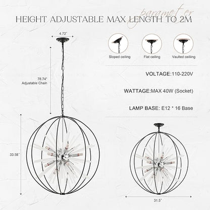 31.5" Black Chrome 16-Light Globe Sputnik Chandelier Modern Adjustable Hanging Ceiling Glass Tube Pendant Light Fixture for Entryway Foyer Stairway Dining Living Room Hallway