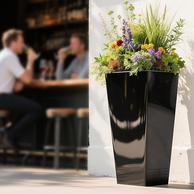 Worth Garden 28" H. Large Metal Glazed Planter Set of 2, Modern Glossy Finish Black Tall Square Tapered Steel Flower Plant Pots for Indoor & Outdoor Use - Insert Plate with Drain Holes, Air Vents