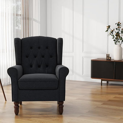 UIXE High Back Accent Chair, Upholstered Armchair in Fabric, Retro Wingback Arm Chair for Living Room, Comfy Single Sofa Bedroom Reading Seat with Solid Wood Legs - Black Blue