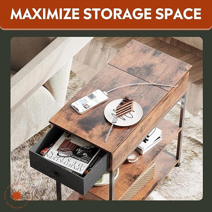 WLIVE Narrow Side Table with Charging Station, End Table for Living Room, Couch Side Table with Fabric Drawer for Bedroon, 11.8‘’W 23.6‘’L 24‘’H, Rustic Brown