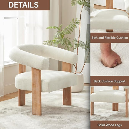 VKNOW Accent Chair Living Room Chair, Modern Upholstered Armchair with Solid Wood Legs, Comfy Barrel Arm Chairs for Living Room Bedroom, Cream