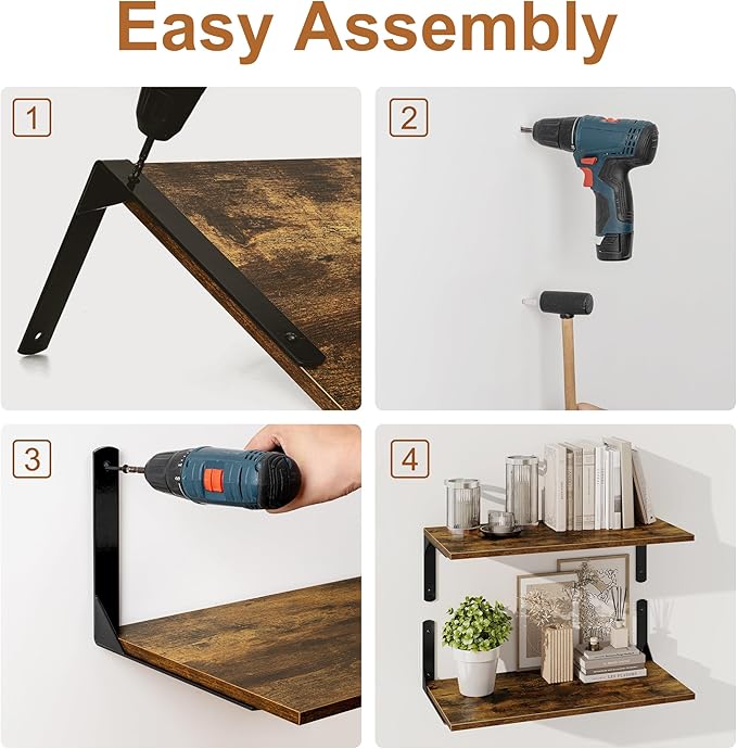 30" W x 12" D Floating Shelves for Wall, Deep Wall Shelves with Visible Bracket for Books, Plant, Large Deep Bathroom Shelf for Storage & Display, Rustic Brown, Set of 2