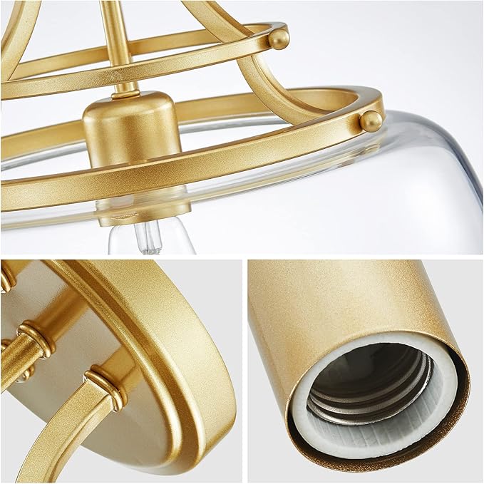 WUZUPS Chandelier Rustic Farmhouse Industrial Round Semi-flushmount Ceiling LED Light Fixture with Clear Glass Shades for Bathroom Kitchen Foyer Entryway, H 11.8" x W 13.4", E26 Base, Gold