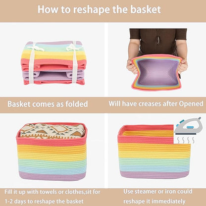 3-Pack Rainbow Storage Baskets 14.5X9.5X9.3“ – Woven Toy Organizer Bins for Kids, Baby Room, Nursery, and Classroom – Cute Square Rope Baskets for Shelves and Organization Rainbow