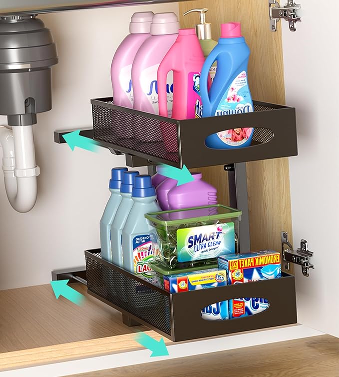 Under Sink Organizer, 1-Pack of 2-Tier Metal Slide Out Pull Out Cabinet Organizer Shelf, Height Adjustable Organization and Storage Series, Bathroom/Desktop/Cabinet/Kitchen organization, Black