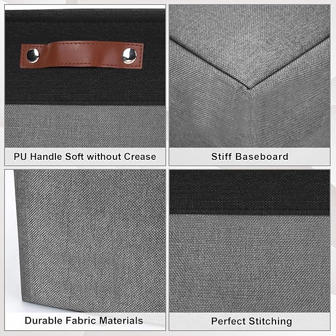 13x13 Cube Storage Bins, Collapsible Fabric Storage Box, 4 Pack Closet Baskets with Handles for Organizing, Shelf, Toys, Clothes, Home, Office, Nursery (Grey&Black)