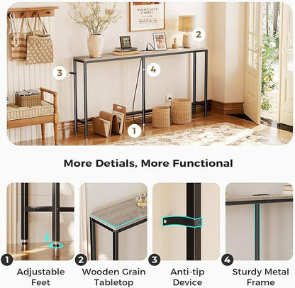 SUPERJARE Console Table with Outlet, 63 Inch Sofa Table with Charging Station, Narrow Hallway Entryway Table, Behind Couch Table, for Living Room, Oak