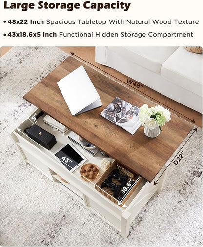 OKD 48" Farmhouse Lift Top Coffee Table with Sliding Barn Door,Rustic Center Table with Hidden Storage Compartment,Lifting Tabletop and Adjustable Shelf for Living Room,Office,Antique White