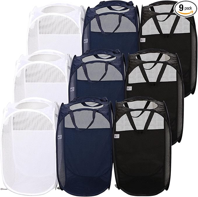 AQQA 9 Pcs Mesh Popup Laundry Hamper Set, Black/White/Blue, Durable Handles, Foldable, Sturdy Mesh Construction, Ideal for Kids, Teens, Adults, College Dorm, Camping, Hotel, Travel