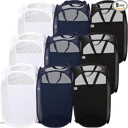 AQQA 9 Pcs Mesh Popup Laundry Hamper Set, Black/White/Blue, Durable Handles, Foldable, Sturdy Mesh Construction, Ideal for Kids, Teens, Adults, College Dorm, Camping, Hotel, Travel