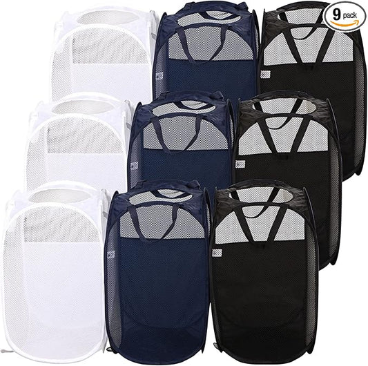 AQQA 9 Pcs Mesh Popup Laundry Hamper Set, Black/White/Blue, Durable Handles, Foldable, Sturdy Mesh Construction, Ideal for Kids, Teens, Adults, College Dorm, Camping, Hotel, Travel