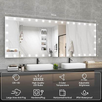 Hasipu LED Bathroom Mirror with Lights, 94" x 36" Hollywood Wall-Mounted Bathroom Mirror with 38 Dimmable Bulbs, 3 Colors Modes, Touch Control, Anti-Fog, Memory Function, Shatter-Proof, ETL Listed