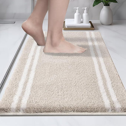 PURRUGS Bathroom Rug Non-Slip Machine Washable 20" x 30", Super Absorbent and Quick Dry Shaggy Microfiber Bath Mat, Extra Soft and Plush Bath Rug for Bathtub, Shower and Sink, Beige