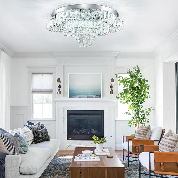 21 Inch Crystal Chandelier LED Flush Mount Ceiling Light Fixtures Luxury Chandeliers for Living Room Bathroom Bedroom Entrance Dining Room(Cool White)