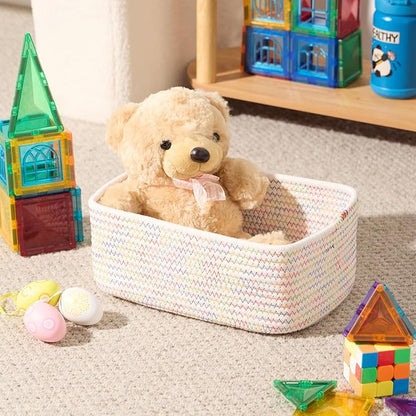 Small Storage Baskets for Organizing | Closet Organizer Bins | Shelf Toy Basket | Woven Rope Baskets | Cube Decorative Box | Shallow Basket | 11.5x7.5x4.7” | 4 Packs Rainbow