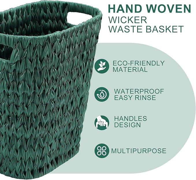 Dark Green Bathroom Accessories Set with Wicker Trash Can, Dark Green Bathroom Accessories Set Bathroom Sets Small Waste Basket Bathroom Trash Can for Bedroom Bathroom