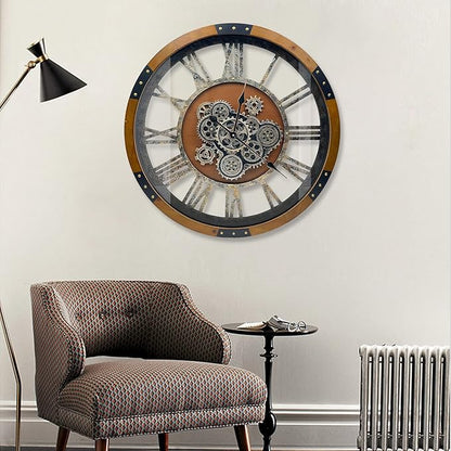 DORBOKER 24" Original Moving Gears Wall Clock, Large Industrial Wall Clock for Living Room Decor, Retro Wood Vintage Farmhouse Steampunk Rustic Clocks for Wall Decor,Brown Nanmu