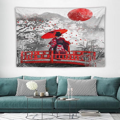 Japanese Red Geisha Tapestry Asian Cherry Blossom Red Sun Traditional Kimono Folk Tapestries Home Decor for Living Room Bedroom Apartment Farmhouse Dorm 90"x60"